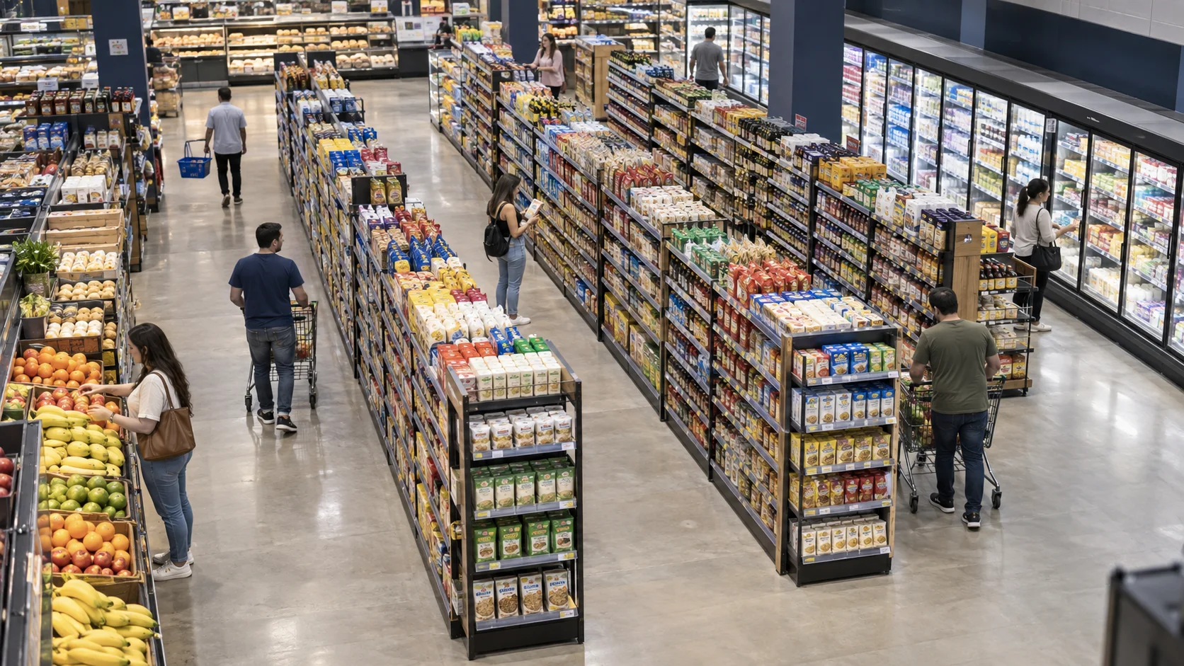 Vista elevada de un supermercado moderno con clientes en sus pasillos